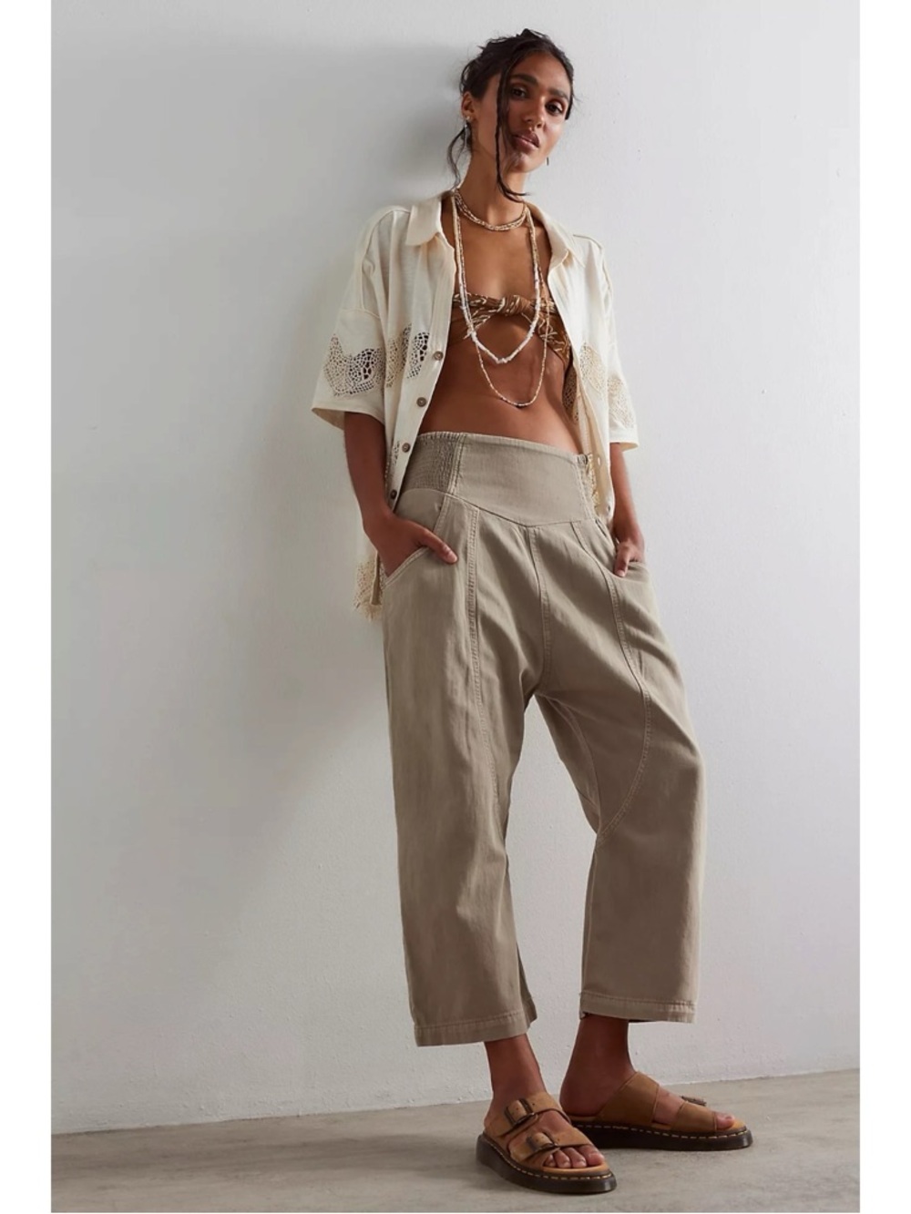 Free People Bohemian Lunan Crop Harem Jeans Savannah Khaki Size XL NWT - Picture 7 of 15